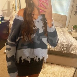 blue camo knit sweater